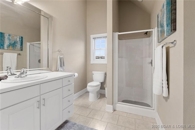 7 Lost Spike Ct, Camdenton, MO 65020 - full bath featuring a shower stall, tile patterned floors, vanity, and vaulted ceiling