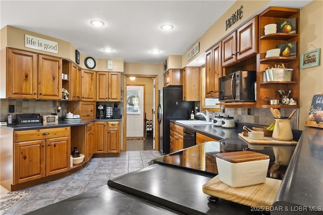 2326 Willow Creek Rd, Camdenton, MO 65020 - kitchen with open shelves, black appliances, dark countertops, backsplash, and recessed lighting