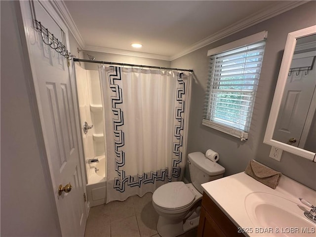 20 Barba Le Ln, Lake Ozark, MO 65049 - bathroom with tile patterned floors, crown molding, vanity, shower / tub combo with curtain, and recessed lighting