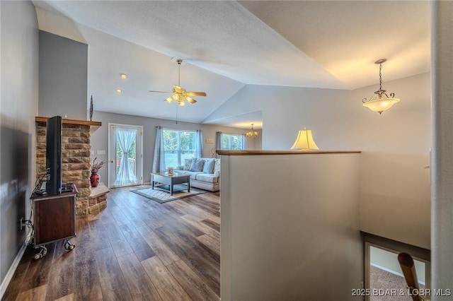 1508 Purvis Rd, Sunrise Beach, MO 65079 - living room featuring ceiling fan, lofted ceiling, and wood finished floors