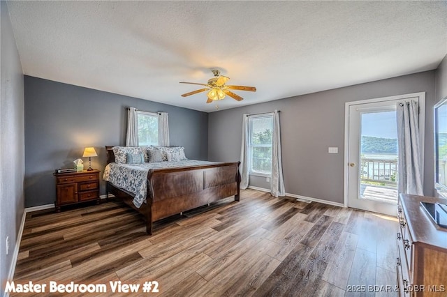 1508 Purvis Rd, Sunrise Beach, MO 65079 - bedroom featuring access to exterior, wood finished floors, multiple windows, and a textured ceiling