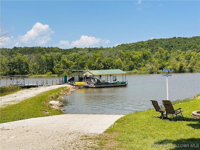 25372 Loon Blvd, Warsaw, MO 65355 - dock area featuring a view of trees, a water view, and a yard