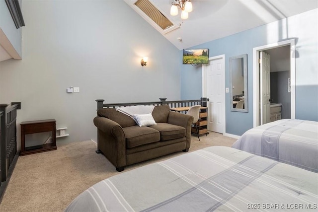 5940 Baydy Peak Rd Unit 1232, Osage Beach, MO 65065 - bedroom with light carpet, lofted ceiling, and ensuite bathroom