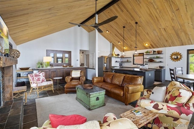 30594 Johnson Bay Rd, Gravois Mills, MO 65037 - living room with high vaulted ceiling, wood ceiling, a ceiling fan, and a fireplace