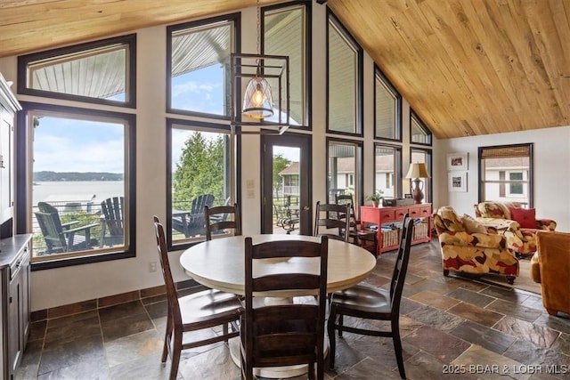 30594 Johnson Bay Rd, Gravois Mills, MO 65037 - dining room featuring stone tile floors, plenty of natural light, high vaulted ceiling, a water view, and wood ceiling