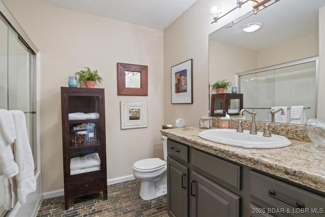 30594 Johnson Bay Rd, Gravois Mills, MO 65037 - full bathroom featuring brick patterned floors, vanity, and a shower with door