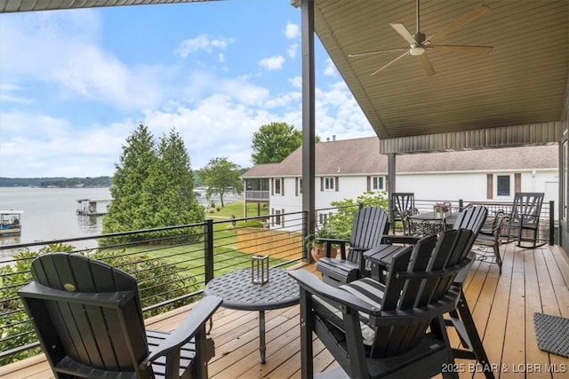 30594 Johnson Bay Rd, Gravois Mills, MO 65037 - wooden terrace with a water view and ceiling fan
