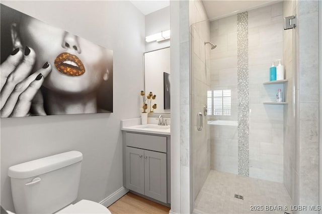 166 Captiva Dr Unit 5D, Sunrise Beach, MO 65079 - bathroom featuring vanity, a stall shower, and wood finished floors