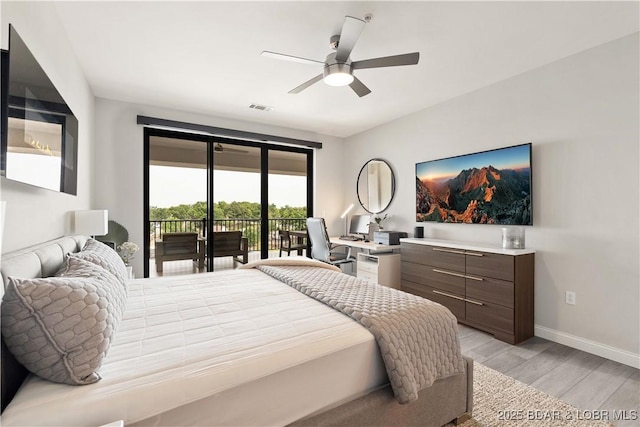 166 Captiva Dr Unit 5D, Sunrise Beach, MO 65079 - bedroom featuring access to outside, light wood-style floors, and ceiling fan