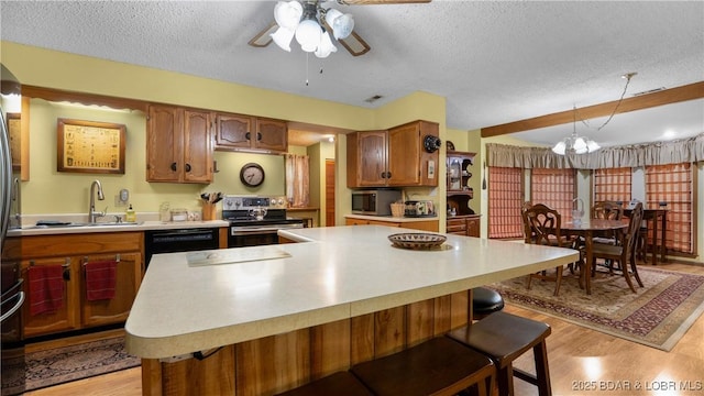 87 Outback Loop, Linn Creek, MO 65052 - kitchen with stainless steel appliances, a textured ceiling, light countertops, light wood finished floors, and a chandelier