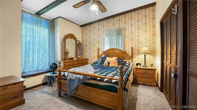 87 Outback Loop, Linn Creek, MO 65052 - bedroom with carpet floors, ornamental molding, a ceiling fan, and wallpapered walls