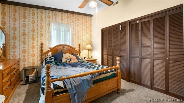 87 Outback Loop, Linn Creek, MO 65052 - carpeted bedroom featuring wallpapered walls, multiple closets, and ceiling fan
