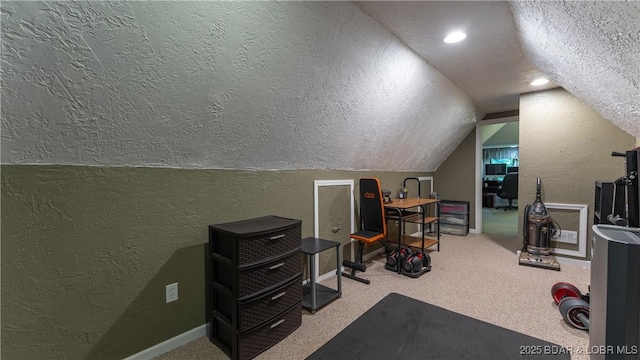 87 Outback Loop, Linn Creek, MO 65052 - carpeted home office with a textured wall, lofted ceiling, and a textured ceiling