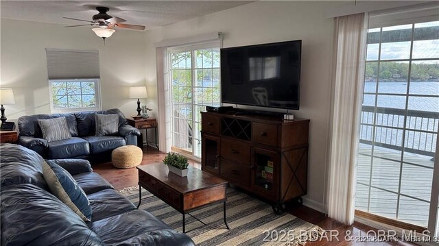 28136 Lyndsey Ln, Rocky Mount, MO 65072 - living room with plenty of natural light, wood finished floors, and ceiling fan