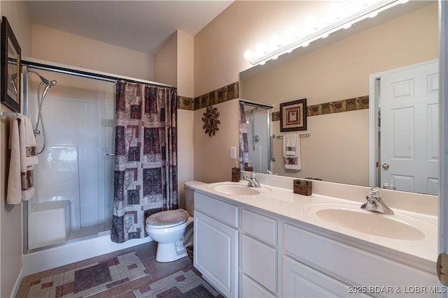 440 Cedar Heights Dr Unit 1C, Camdenton, MO 65020 - bathroom featuring a shower with shower curtain, double vanity, and tile patterned flooring