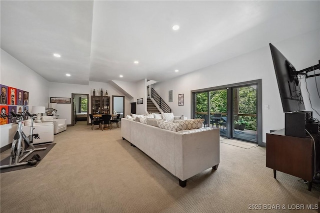 626 Eagle Dr, Four Seasons, MO 65049 - living area with light carpet, recessed lighting, and stairway