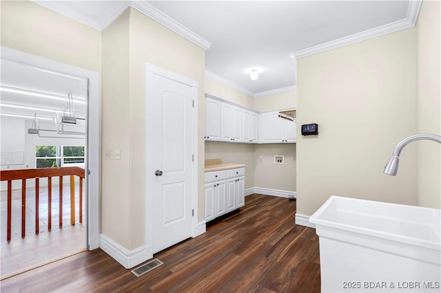 82 Fawn Meadows Dr, Linn Creek, MO 65052 - laundry area featuring cabinet space, dark wood-style floors, washer hookup, and ornamental molding