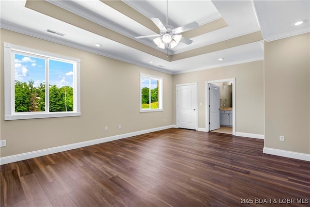 82 Fawn Meadows Dr, Linn Creek, MO 65052 - empty room featuring a ceiling fan, dark wood finished floors, crown molding, a raised ceiling, and recessed lighting