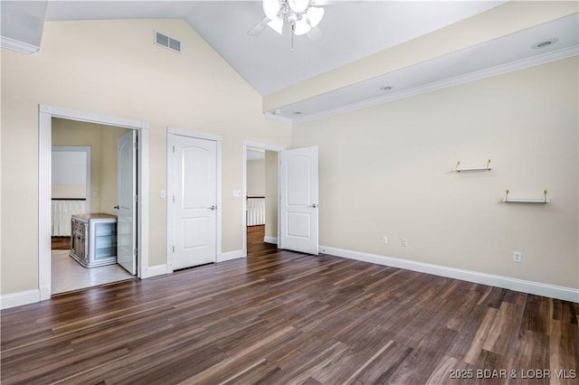 82 Fawn Meadows Dr, Linn Creek, MO 65052 - unfurnished bedroom featuring high vaulted ceiling, wood finished floors, crown molding, and ensuite bathroom