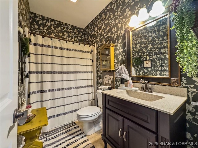 172 Highland Pkwy, Camdenton, MO 65020 - bathroom with wallpapered walls, vanity, tile patterned flooring, and a shower with curtain