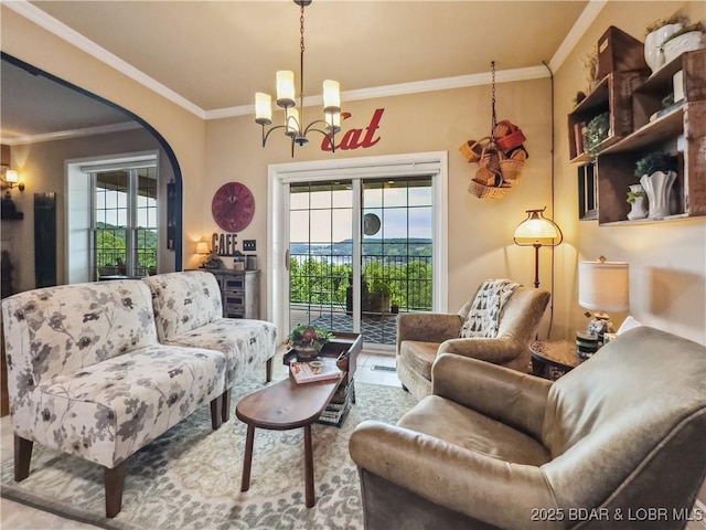 172 Highland Pkwy, Camdenton, MO 65020 - living area featuring a chandelier, arched walkways, and crown molding