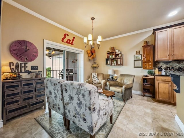 172 Highland Pkwy, Camdenton, MO 65020 - living room with ornamental molding, a chandelier, and light tile patterned flooring