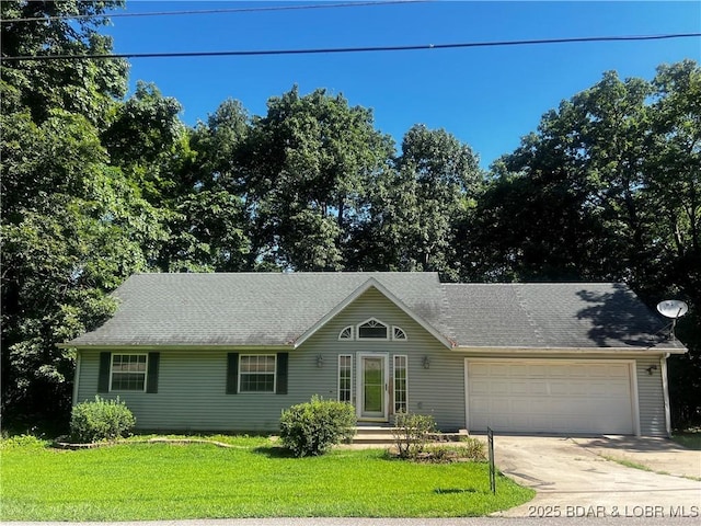 1509 Oak Bend Rd, Sunrise Beach, MO 65079 - ranch-style house with an attached garage, driveway, a front yard, and a shingled roof