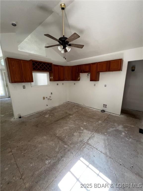 1509 Oak Bend Rd, Sunrise Beach, MO 65079 - kitchen with a ceiling fan and lofted ceiling