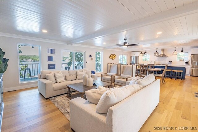 5885 Baydy Peak Rd, Osage Beach, MO 65065 - living room featuring light wood-type flooring, plenty of natural light, crown molding, recessed lighting, and a wooden ceiling with exposed beams