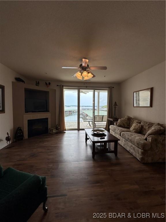 18134 Millstone Cove Rd Unit 212, Gravois Mills, MO 65037 - living area with wood finished floors, a fireplace, and ceiling fan