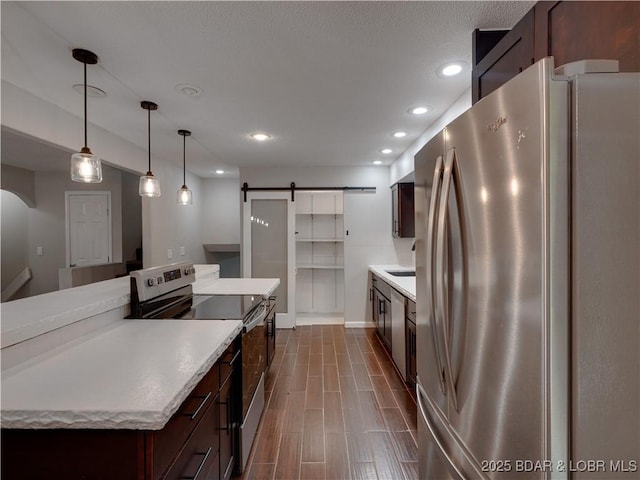 25 Primrose Ln, Camdenton, MO 65020 - kitchen with appliances with stainless steel finishes, a barn door, light countertops, recessed lighting, and dark brown cabinetry