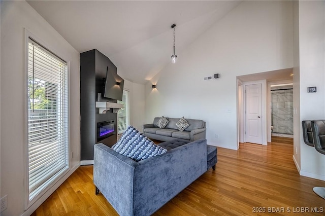 172 Kansas City Way, Sunrise Beach, MO 65079 - living room with light wood-type flooring, a glass covered fireplace, and high vaulted ceiling