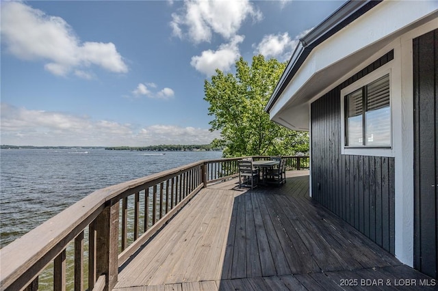 172 Kansas City Way, Sunrise Beach, MO 65079 - wooden terrace featuring a water view and outdoor dining space