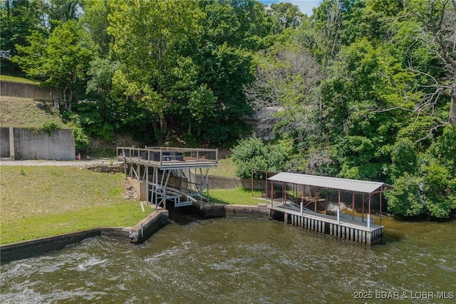 172 Kansas City Way, Sunrise Beach, MO 65079 - dock area featuring a water view and a lawn