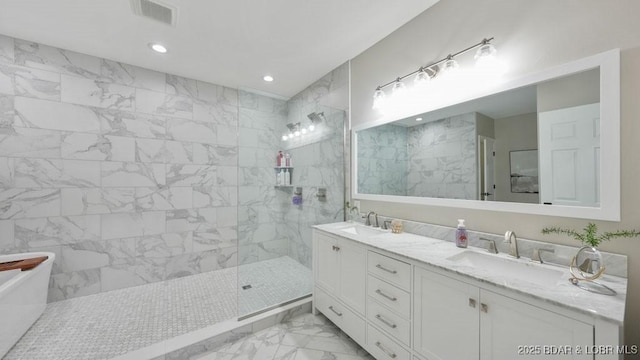 5450 Christopher Dr Unit 243, Osage Beach, MO 65065 - full bathroom with marble finish floors, a walk in shower, double vanity, a soaking tub, and recessed lighting