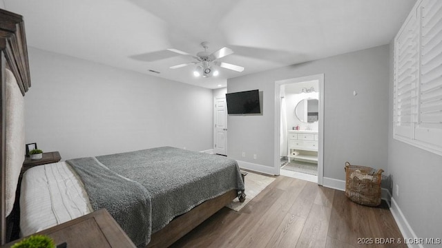 5450 Christopher Dr Unit 243, Osage Beach, MO 65065 - bedroom with wood finished floors, a ceiling fan, and connected bathroom