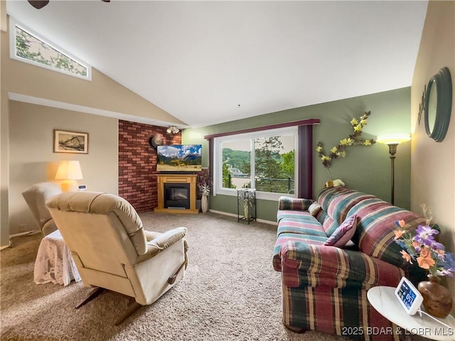73 Good Neighbors Loop, Camdenton, MO 65020 - living room with carpet floors, vaulted ceiling, and a brick fireplace