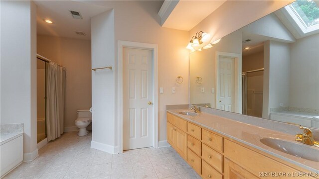 135 Greensboro Ct, Four Seasons, MO 65049 - full bath featuring a skylight, a shower with shower curtain, a bath, and double vanity
