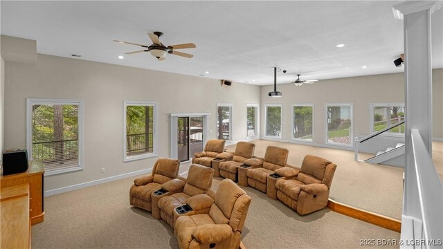 135 Greensboro Ct, Four Seasons, MO 65049 - living area with ceiling fan, carpet floors, recessed lighting, and stairs