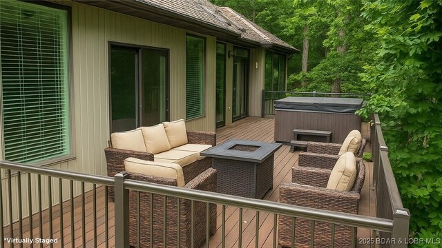 135 Greensboro Ct, Four Seasons, MO 65049 - deck with a hot tub and an outdoor living space with a fire pit