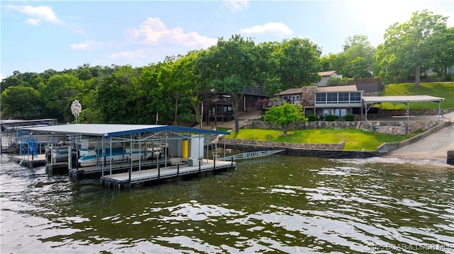 30383 Bullock Dr, Gravois Mills, MO 65037 - dock with a water view, boat lift, and a yard