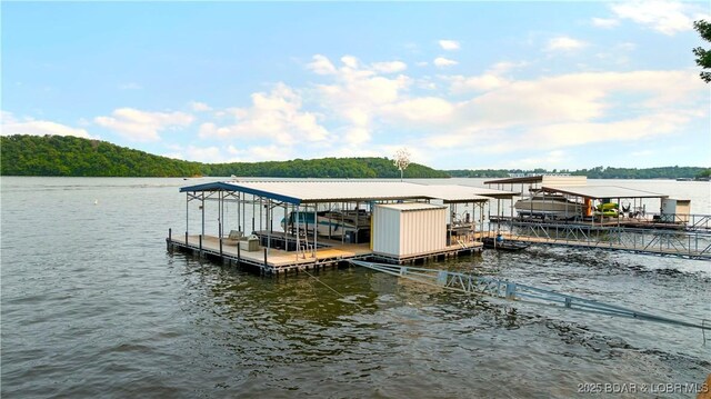 30383 Bullock Dr, Gravois Mills, MO 65037 - dock area with a water view, boat lift, and a view of trees