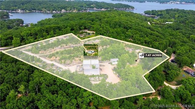 30383 Bullock Dr, Gravois Mills, MO 65037 - aerial view of property and surrounding area featuring a forest and property boundaries highlighted