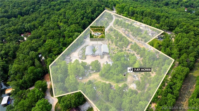 30383 Bullock Dr, Gravois Mills, MO 65037 - aerial view of property's location with a heavily wooded area and property parcel outlined