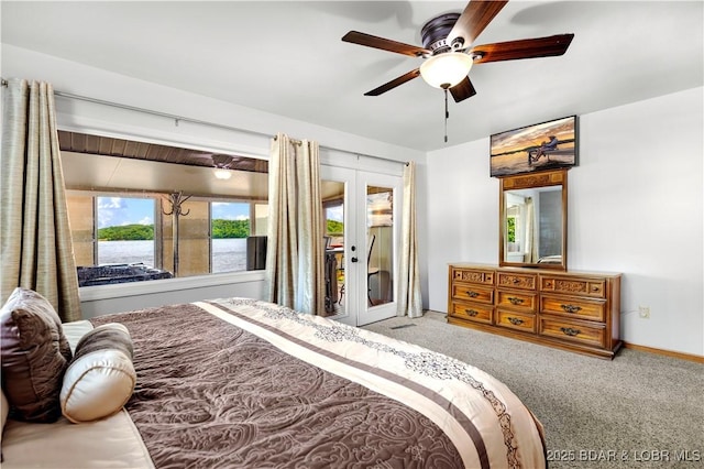 30383 Bullock Dr, Gravois Mills, MO 65037 - bedroom featuring french doors, carpet flooring, access to exterior, and a ceiling fan