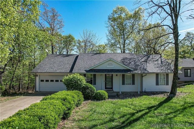 448 Cherokee Rd, Lake Ozark, MO 65049 - single story home with a garage, driveway, a shingled roof, a front yard, and covered porch