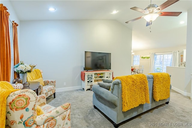 448 Cherokee Rd, Lake Ozark, MO 65049 - carpeted living room with vaulted ceiling, ceiling fan, and recessed lighting
