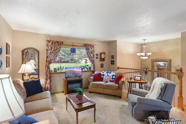 28 Wood River Rd, Lake Ozark, MO 65049 - living room featuring a textured ceiling, light carpet, and a chandelier