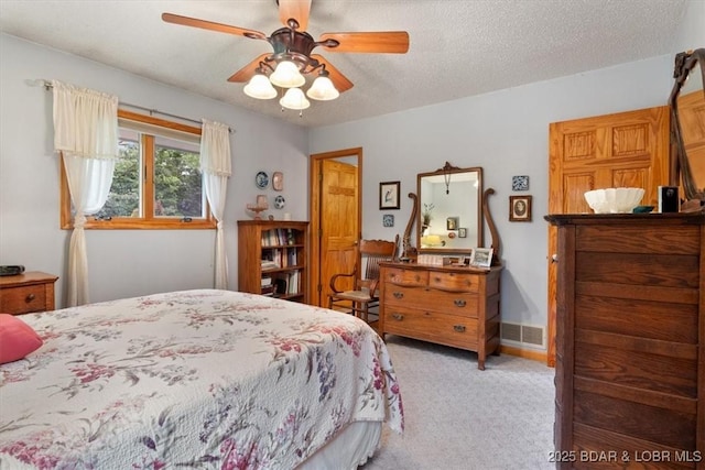 28 Wood River Rd, Lake Ozark, MO 65049 - bedroom with light colored carpet, a textured ceiling, and a ceiling fan