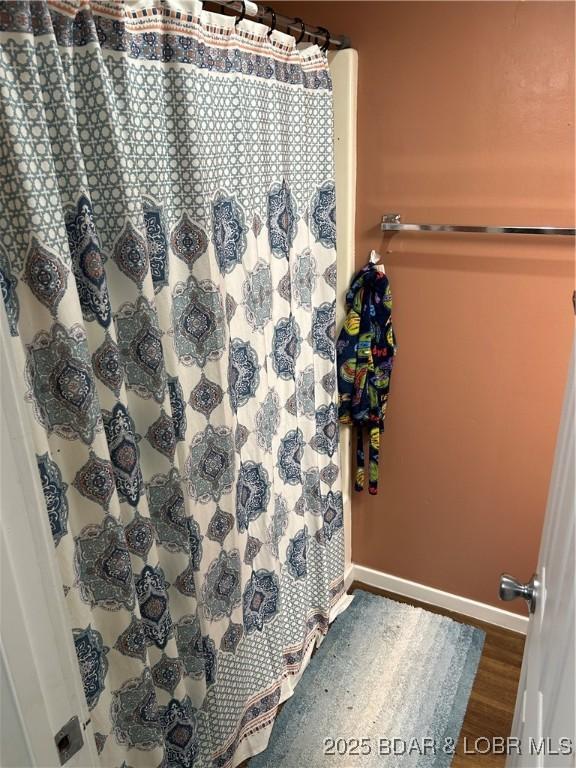 121 Banner St, Camdenton, MO 65020 - bathroom featuring wood finished floors and a shower with shower curtain